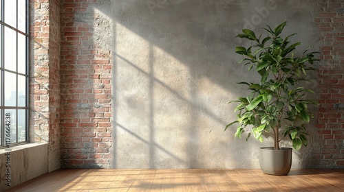 A large potted plant sits in front of a brick wall in a room with a window