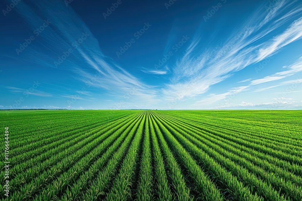 Vast Green Agricultural Field Under a Clear Blue Sky with Dramatic Clouds and Endless Horizon Capturing the Essence of Rural Farming Landscape Vast Green Agricultural Field Under a Clear Blue Sky with Dramatic Clouds and Endless Horizon Capturing the Essence of Rural Farming Landscape