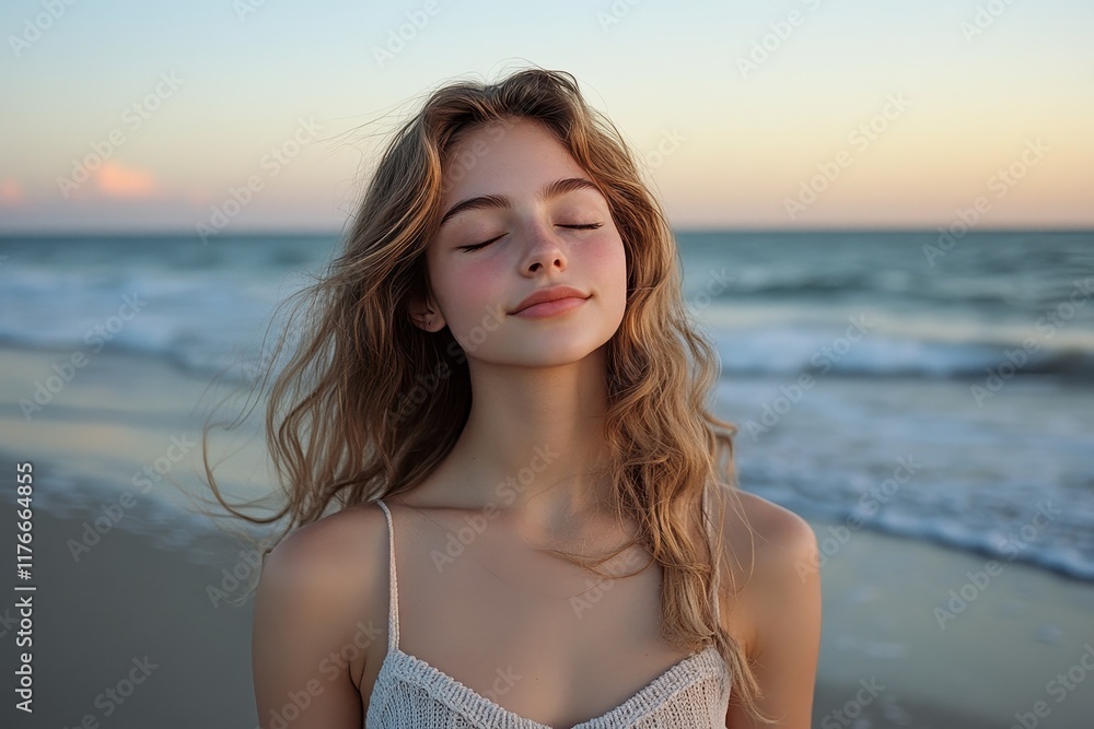 Serene Young Woman Enjoying a Peaceful Sunset on a Tranquil Beach with Gentle Waves and Soft Golden Light Serene Young Woman Enjoying a Peaceful Sunset on a Tranquil Beach with Gentle Waves and Soft Golden Light
