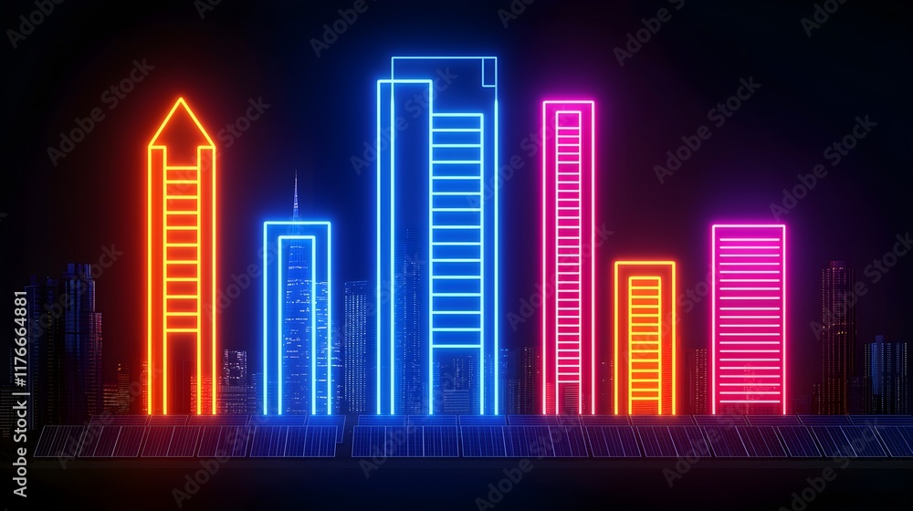 Neon City Skyline at Night with Colorful Lights and Buildings Neon City Skyline at Night with Colorful Lights and Buildings