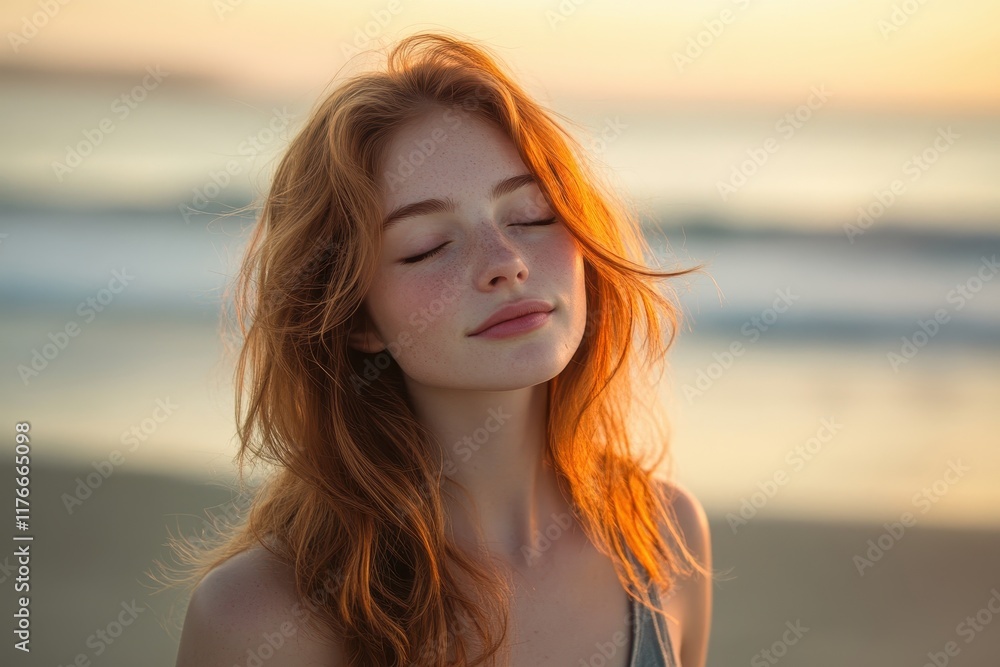 Serene Young Woman with Red Hair Enjoying a Peaceful Sunset on a Tranquil Beach with Eyes Closed and Soft Sunlight Serene Young Woman with Red Hair Enjoying a Peaceful Sunset on a Tranquil Beach with Eyes Closed and Soft Sunlight