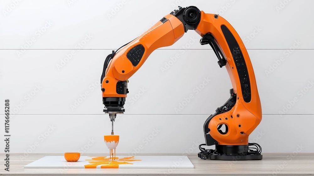 Industrial Robot Arm Creating Design on Table with Orange Color Scheme and Cup Industrial Robot Arm Creating Design on Table with Orange Color Scheme and Cup