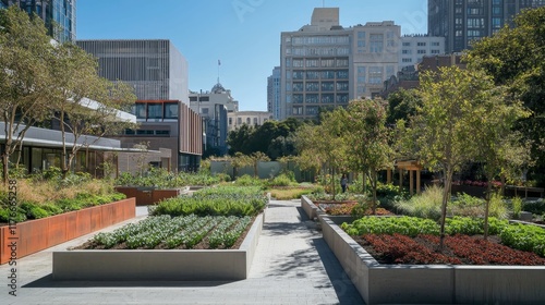 Urban rooftop garden, plants, walkways, modern buildings.