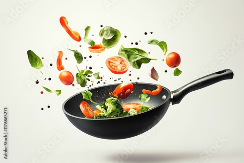 Different vegetables, oil, frying pan in air on white background