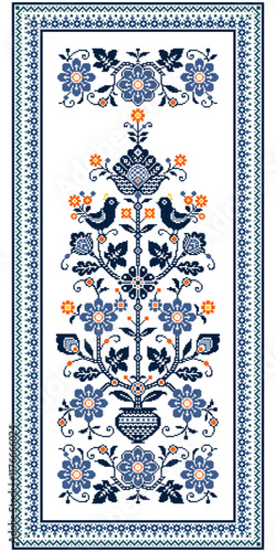 Blossom Floral traditional cross-stitch Embroidery pixel Geometric ethnic pattern. Romanian, Ukrainian, Slavic ornament style. Detailed Vector for carpet tile, embroidery, wallpaper, print, textile.