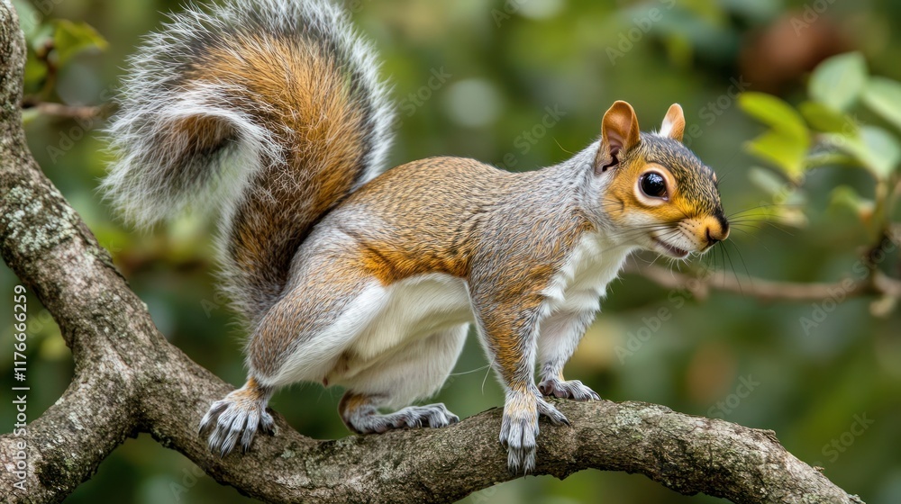 A squirrel perched on a branch, showcasing its bushy tail and curious expression. A squirrel perched on a branch, showcasing its bushy tail and curious expression.