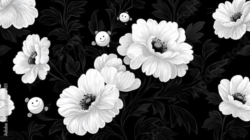 Wallpaper Mural Monochrome floral pattern with smiling beetles. Torontodigital.ca