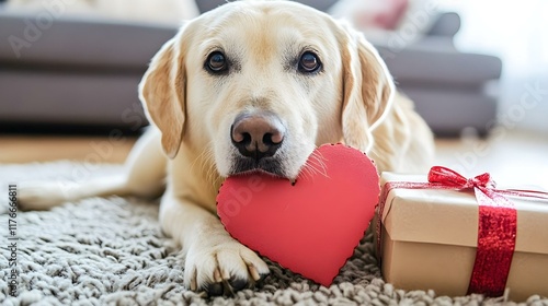 lovable Labrador Retriever lying on a cozy rug, holding a red heart and placed beside a wrapped gift box with a ribbon