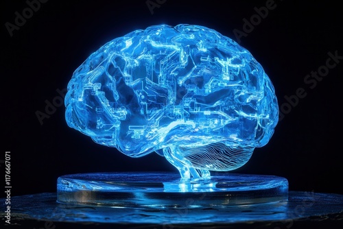 Neon blue digital brain model with circuitry on display. photo