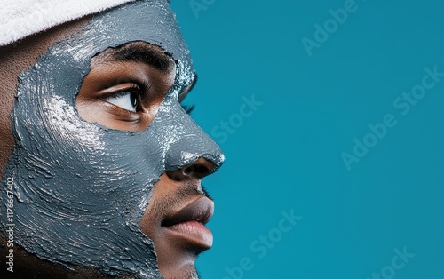 Gentle closeup of a man with a soothing clay mask on fresh and minimalist composition perfect for natural beauty and wellness themes photo