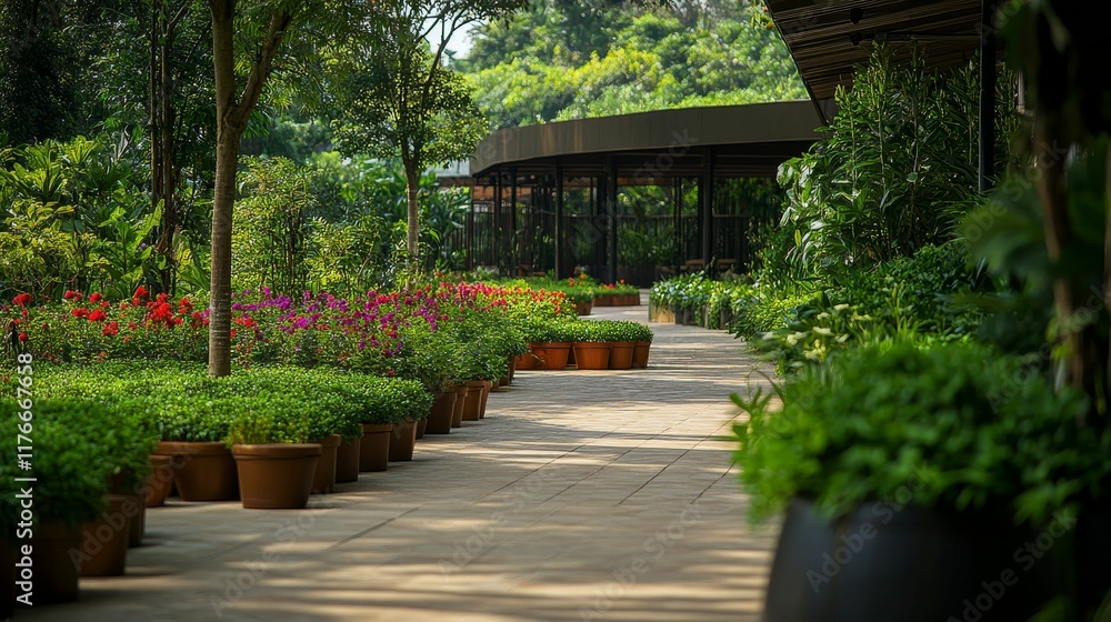 Sunlit pathway, potted plants, lush greenery, building. Sunlit pathway, potted plants, lush greenery, building.