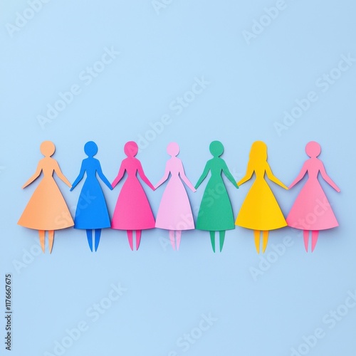 Unity in diversity colorful paper dolls representing friendship studio graphic art minimalist close-up inclusivity photo