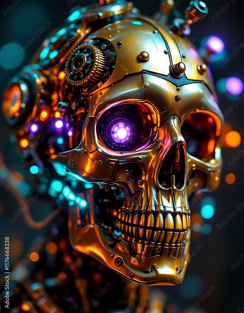 Futuristic Gold Mechanical Skull with Glowing Eyes Futuristic Gold Mechanical Skull with Glowing Eyes