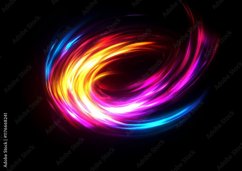 Circle silhouette with multicolored light waves on a dark background. Circle silhouette with multicolored light waves on a dark background.