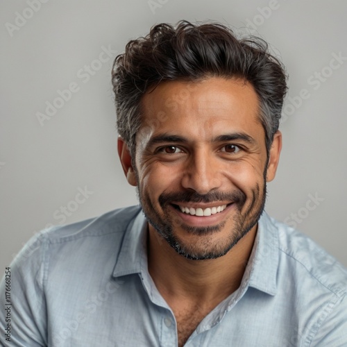Closeup portrait of 34 year man. Freelancer entrepreneur isolated on white background. Happy smiling handsome 34 years old latin hispanic businessman looking at camera. Happy businessman