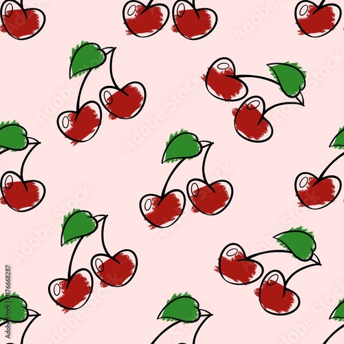 seamless pattern with cartoon cherries, red cherries seamless pattern, red cherries with green leaf on pink background