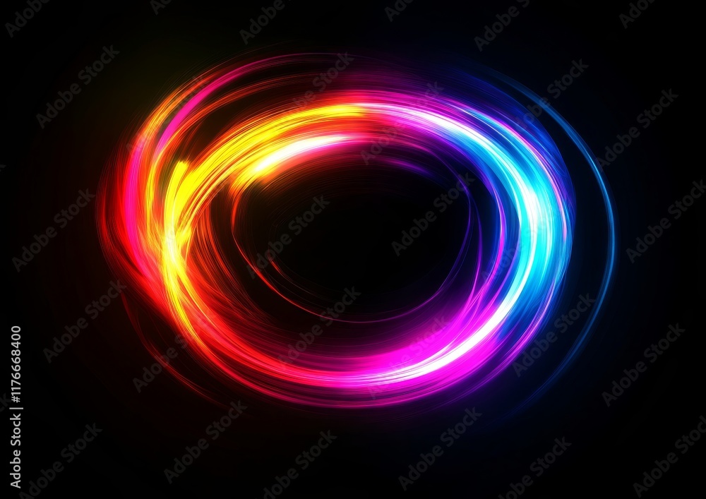 Circle silhouette with multicolored light waves on a dark background. Circle silhouette with multicolored light waves on a dark background.