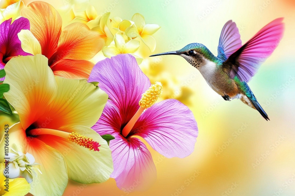 Naklejka premium A colorful image of a hummingbird hovering near a vibrant array of tropical flowers