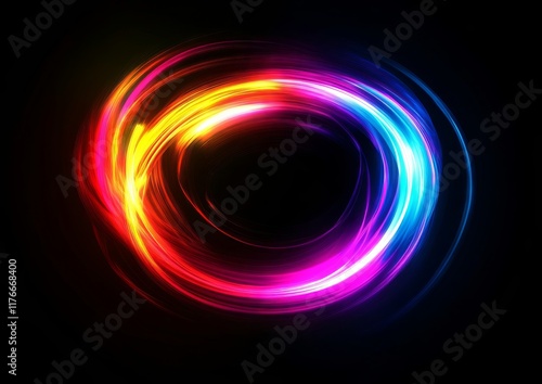 Circle silhouette with multicolored light waves on a dark background.