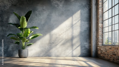 A large plant sits in a large pot in a large room with a large window