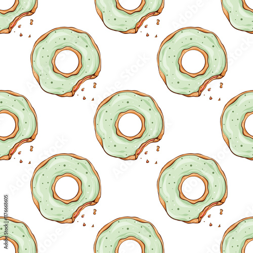 seamless pattern with green donuts , Green Glazed Donuts pattern, Coffee design, Green donuts seamless pattern, Colorful donuts, Menu cafe baby design