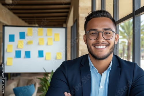 Wallpaper Mural Portrait of a smiling businessman standing near window in modern office with colorful sticky notes on whiteboard, planning new project Torontodigital.ca
