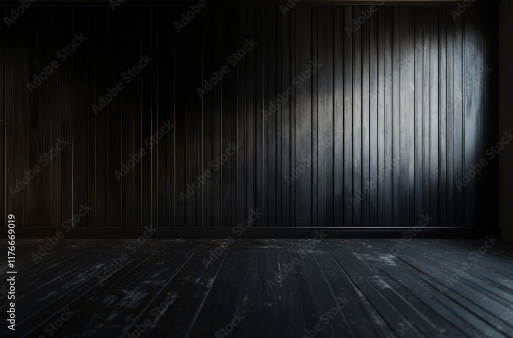 Background wall of a dark room made of old wooden panels on which a ray of light falls. Background wall of a dark room made of old wooden panels on which a ray of light falls.