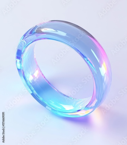 A circular glass ring, with light blue and rainbow colors, in an isometric view, on a white background, with studio lighting.