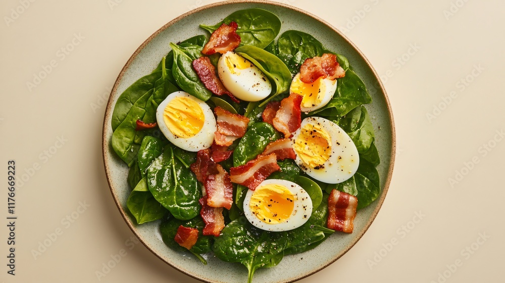 A rustic spinach salad with hard-boiled eggs and crispy bacon, isolated on a beige background with soft shadows A rustic spinach salad with hard-boiled eggs and crispy bacon, isolated on a beige background with soft shadows
