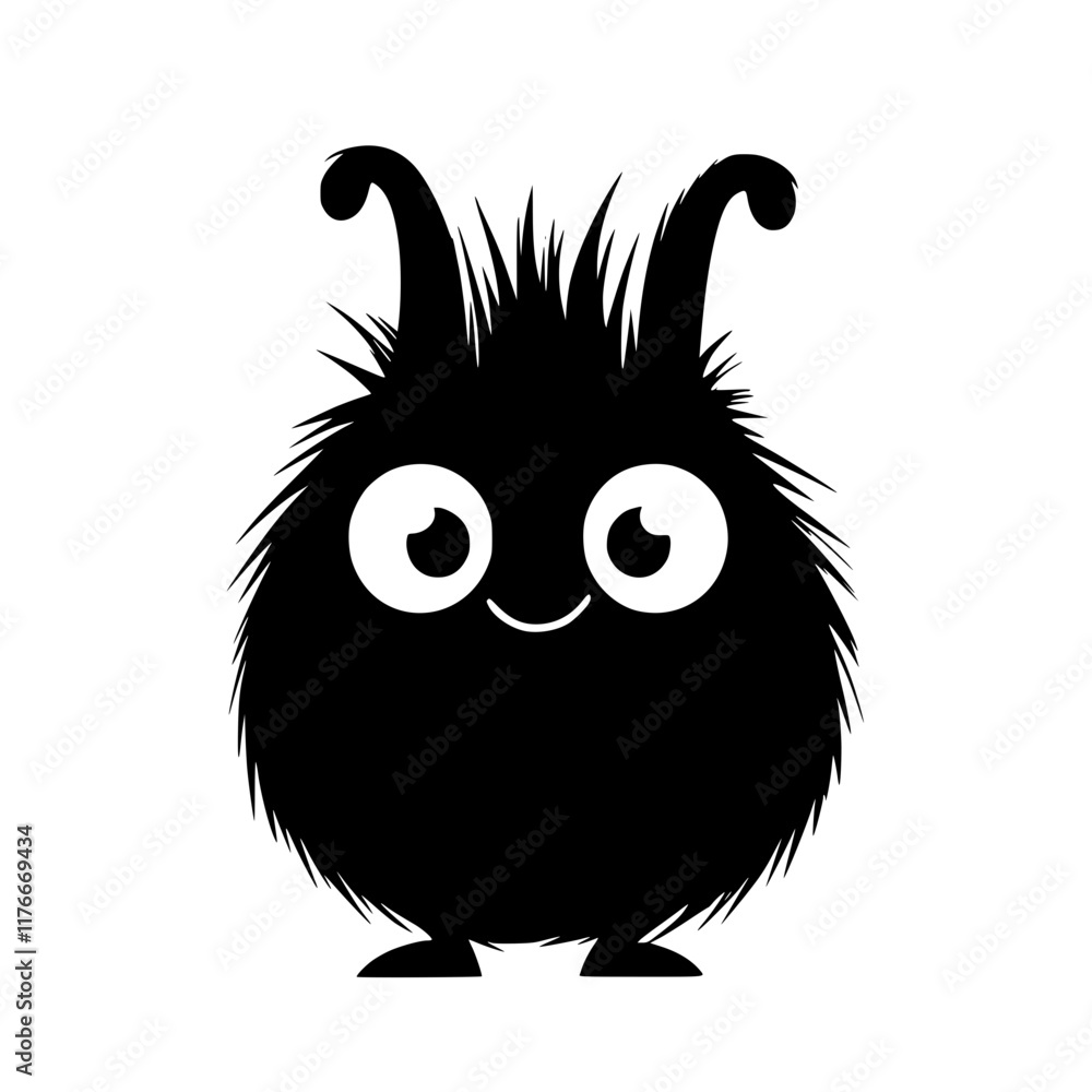 Fototapeta premium Cute Furry Monster with Big Eyes Illustration, A playful black and white illustration of a fluffy monster with big eyes, pointy ears, and a friendly smile, showcasing whimsical character design.