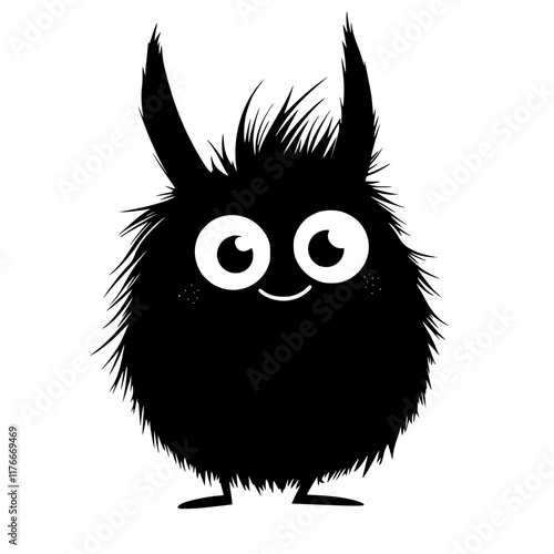 Cute Furry Monster with Big Eyes Illustration, A playful black and white illustration of a fluffy monster with big eyes, pointy ears, and a friendly smile, showcasing whimsical character design.

