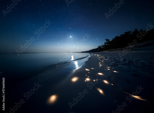 Serene nightscape of a tranquil beach under a starlit sky.  The moon's reflection shimmers on the calm water, creating a magical ambiance. The dark background enhances the celestial beauty. photo