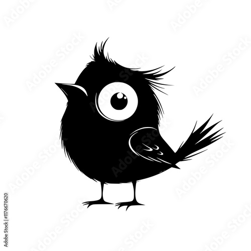 Cute Black and White Bird Silhouette Illustration, A whimsical black and white illustration of a small, fluffy bird with spiky feathers and big, expressive eyes, conveying charm and playfulness.

