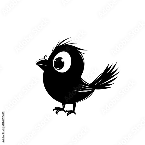 Cute Black and White Bird Silhouette Illustration, A whimsical black and white illustration of a small, fluffy bird with spiky feathers and big, expressive eyes, conveying charm and playfulness.

