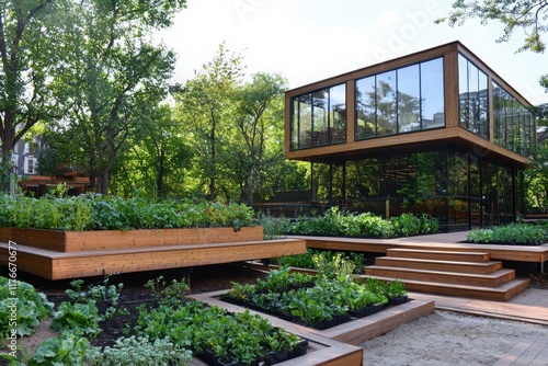 Collaborative learning space in a community garden urban environment architectural design greenery scenic viewpoint sustainable concept