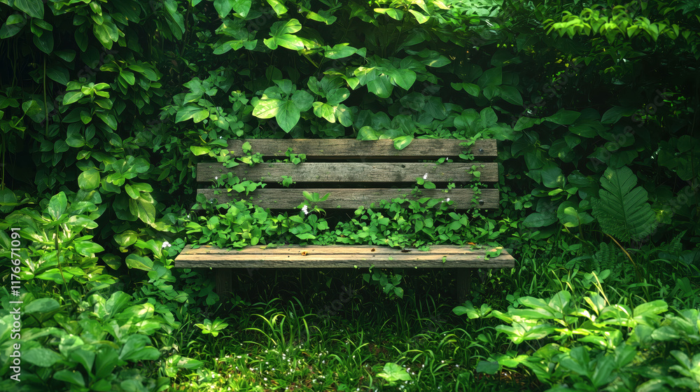 Serene greenery embracing wooden bench lush garden nature scene