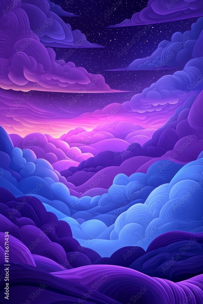 Obraz premium A vibrant digital illustration of the night sky, filled with swirling clouds, representing endless possibilities and a dreamscape, rendered in a surrealistic style.