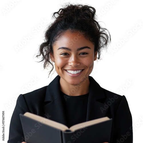 Smiling Woman Engaged in Reading on a Minimalist Background on transparent background photo