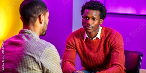 Young black man attending psychological counseling session, sitting in a modern therapy office. Thoughtful African American male discussing mental health with a professional counselor.
