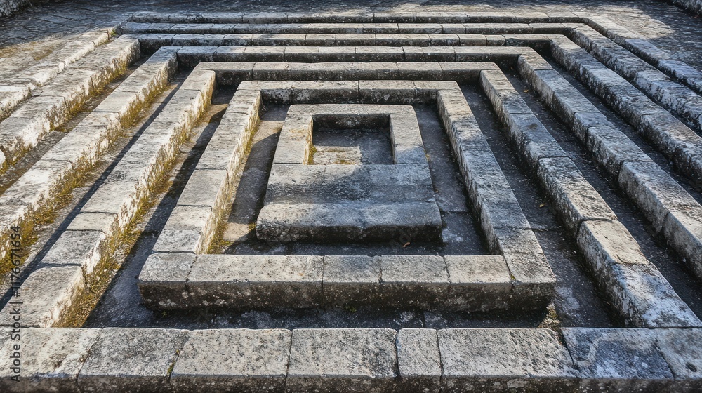 A stone maze with concentric rectangular paths, likely for meditation or ritual purposes. A stone maze with concentric rectangular paths, likely for meditation or ritual purposes.