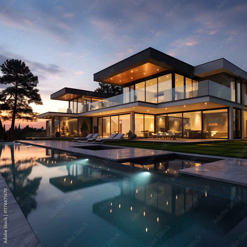 Obraz premium Luxury Real Estate: Majestic Modern Estate Under the Twilight Sky