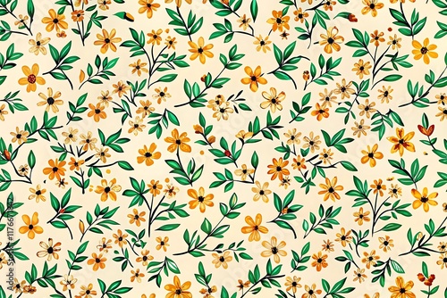 Yellow Floral Pattern Green Leaves Cream Background