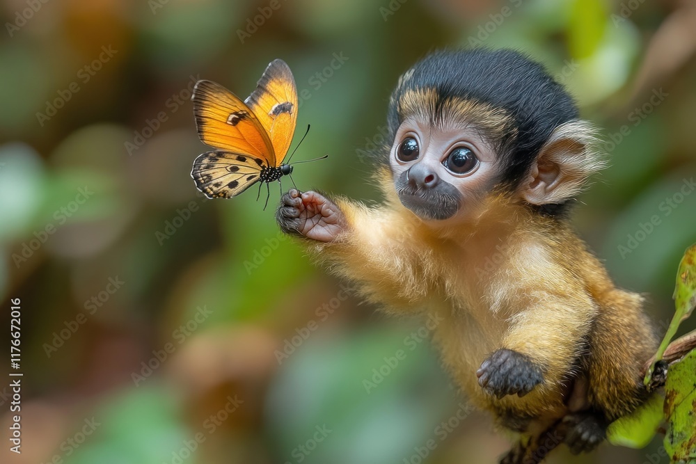 Obraz premium Monkey examines orange butterfly, nature's beauty.