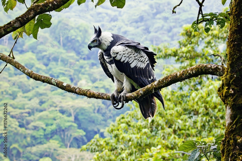 A colorful scene of a harpy eagle perched majestically on a branch high in the canopy. A colorful scene of a harpy eagle perched majestically on a branch high in the canopy.