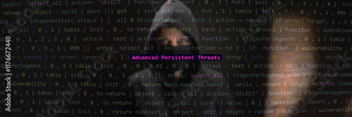 Advanced persistent threats text in foreground screen, hacker hidden in the blurred background. Vulnerability text in binary system ascii art style, code on editor screen. Text in English