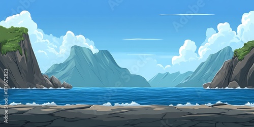 Stunning Panoramic View of Serene Seascape,Ideal for Game Backgrounds and Digital Art Projects,Featuring Majestic Mountains and Tranquil Waters