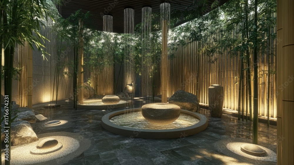 Fototapeta premium Serene Zen Garden: Tranquil Bamboo Oasis with Water Features