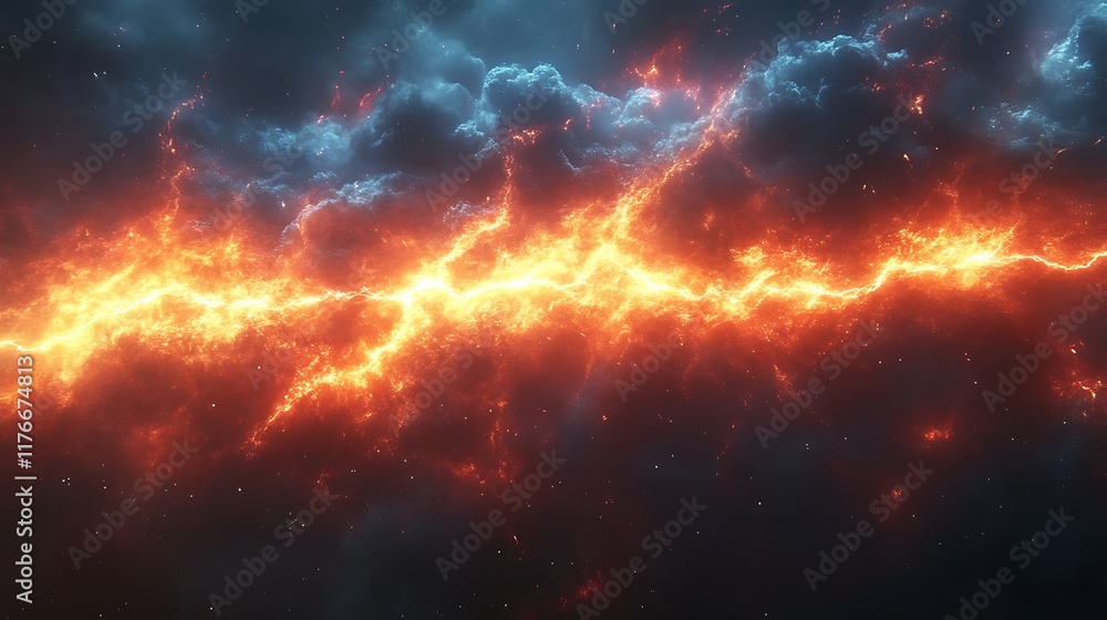 Fototapeta premium Fiery Cosmic Lightning Streaks Across Nebula Clouds
