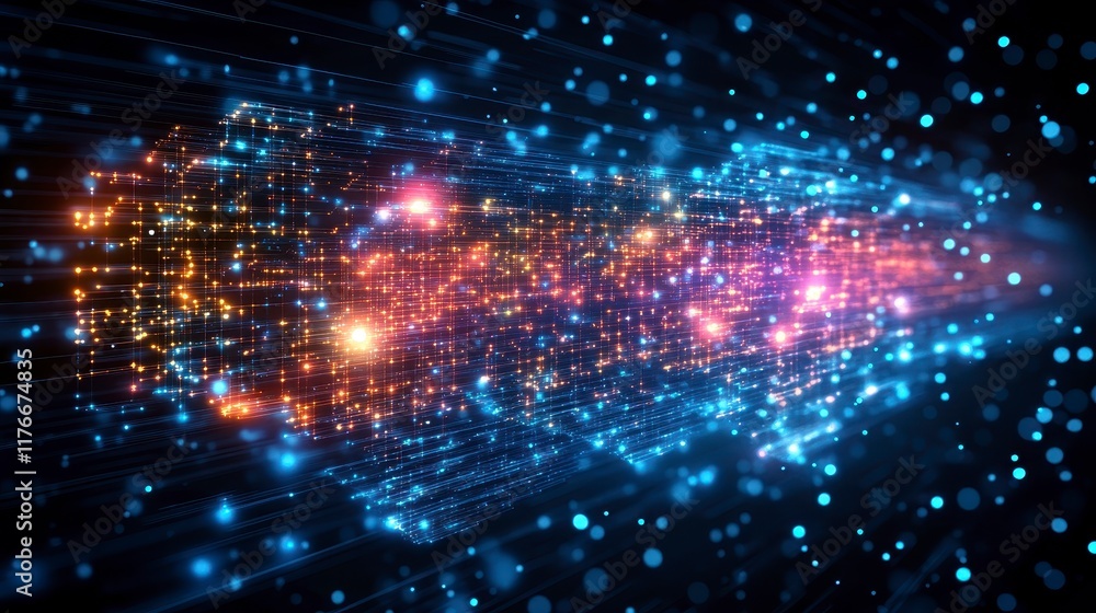 Fototapeta premium Abstract digital data stream, glowing particles forming a tunnel.