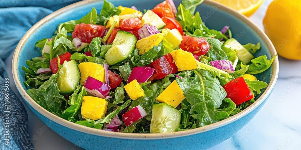 A vibrant salad bowl filled with fresh greens and colorful toppings A vibrant salad bowl filled with fresh greens and colorful toppings